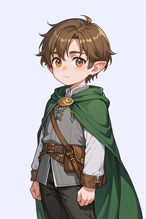 score_9, score_8_up, score_7_up, RANCEX, 1boy, solo, brown hair, short hair, silver_eyes, cute, kawaii, pointed ears, halfling, short stature, child, gray clothes, green cape, long sleeves, leather belt, black pants, long pants, standing, closed mouth, simple background, white background