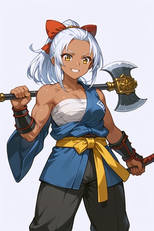 score_9, score_8_up, score_7_up, RANCEX, 1girl, solo, white hair, ponytail, bangs pinned back, forehead, yellow eyes, dwarf, cute, kawaii, tsurime, dark skin, muscle, (red_bow, hair_bow), japanese clothes \(hadanugi\), (blue robe, sleeveless), (sarashi, strapless), vambraces, martial arts belt, yellow belt, long pants, black pants, standing, smile, white background, simple background, holding axe, battle axe