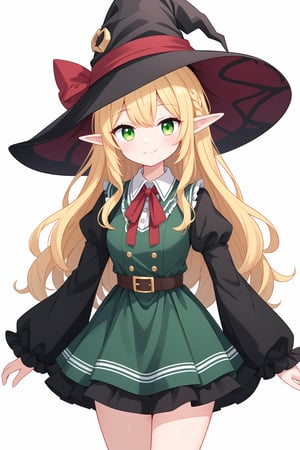best_quality, masterpiece, 1girl, solo, (yellow_hair:1.1), long_hair, (wavy_hair:1.1), green_eyes, elf, witch_hat, black_hat, red_ribbon, green_dress, collared_dress, long_sleeves, white_sleeves, black_frills, miniskirt, standing, smile, closed_mouth, white_background, (empty_background:1.2)