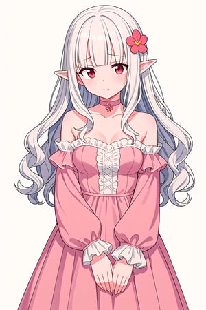 score_7_up, score_6_up, score_5_up, 1girl, solo, (white_hair:1.4), long_hair, wavy_hair, (blunt_bangs:1.3), red_eyes, elf, pointed_ears, tareme, medium_breasts, flower_hair, pink_dress, pink_choker, strapless_dress, detached_sleeves, long_sleeves, miniskirt, frills, standing, sad, closed_mouth, white_background