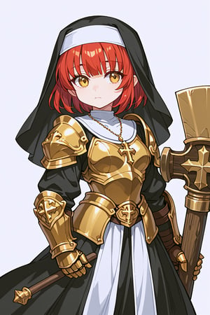 score_9, score_8_up, score_7_up, RANCEX, 1girl, solo, red hair, short hair, short bangs, gold eyes, cute, kawaii, jitome, Gnome, short stature, big round ears, nun, black dress, necklace, long sleeves, gold armor, (armor:1.3), gauntlets, long skirt, standing, closed mouth, white background, simple background, hammer, holding weapon, shield