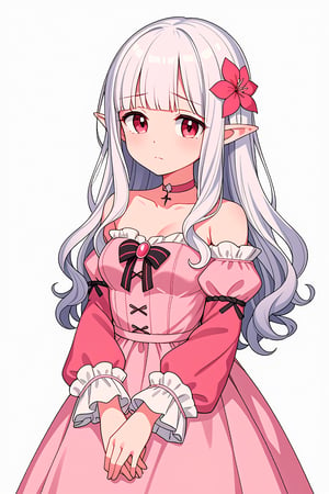 score_7_up, score_6_up, score_5_up, 1girl, solo, (white_hair:1.4), long_hair, wavy_hair, (blunt_bangs:1.3), red_eyes, elf, pointed_ears, tareme, medium_breasts, flower_hair, pink_dress, pink_choker, strapless_dress, detached_sleeves, long_sleeves, miniskirt, frills, standing, sad, closed_mouth, white_background