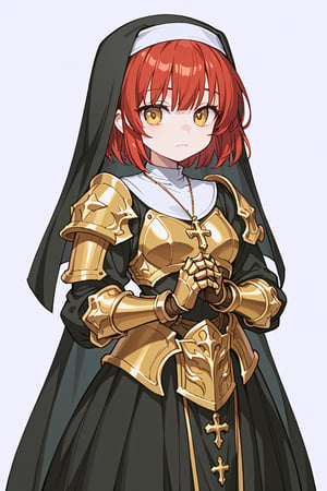 score_9, score_8_up, score_7_up, RANCEX, 1girl, solo, red hair, short hair, short bangs, gold eyes, cute, kawaii, jitome, Gnome, short stature, big round ears, nun, black dress, necklace, long sleeves, gold armor, (armor:1.3), gauntlets, long skirt, standing, closed mouth, white background, simple background