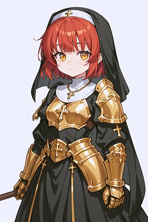 score_9, score_8_up, score_7_up, RANCEX, 1girl, solo, red hair, short hair, short bangs, gold eyes, cute, kawaii, jitome, Gnome, short stature, big round ears, nun, black dress, necklace, long sleeves, gold armor, (armor:1.3), gauntlets, long skirt, standing, closed mouth, white background, simple background