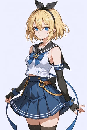 score_9, score_8_up, score_7_up, RANCEX, 1girl, solo, blonde hair, short hair, hair between eyes, blue eyes, tsurime, (black bow, hair bow, hairband), white_clothes, sailor_dress, black sailor collar, blue bow, sleeveless, black gloves, elbow gloves, fingerless gloves, blue skirt, miniskirt, thighhighs, zettai_ryouiki, standing, kunoichi, white background, simple background