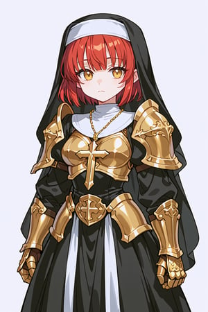 score_9, score_8_up, score_7_up, RANCEX, 1girl, solo, red hair, short hair, short bangs, gold eyes, cute, kawaii, jitome, Gnome, short stature, big round ears, nun, black dress, necklace, long sleeves, gold armor, (armor:1.3), gauntlets, long skirt, standing, closed mouth, white background, simple background