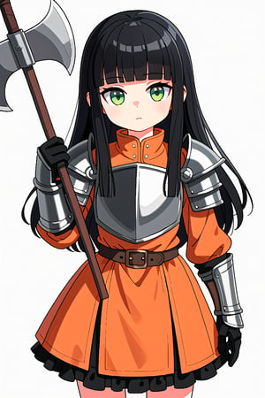 score_7_up, score_6_up, score_5_up, 1girl, solo, dwarf, dwarf_girl, (black_hair:1.4), very_long_hair, straight_hair, (blunt_bangs:1.3), green_eyes, tsurime, cute, kawaii, orange_dress, (armor:1.2), breastplate, gauntlets, long_sleeve, black_gloves, mini_skirt, frills, standing, white_background, holding_weapon, axe