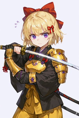 score_9, score_8_up, score_7_up, RANCEX, 1girl, solo, blonde hair, short hair, purple eyes, cute, kawaii, tsundere, jitome, cute, kawaii, red bow, hair bow, japanese clothes, black kimono, samurai_armor, gold armor, gauntlets, yellow hakama, standing, closed mouth, white background, simple background, holding katana, katana, low guard sword parry stance, holding sword