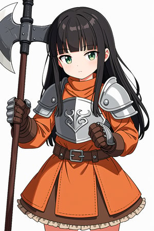 score_7_up, score_6_up, score_5_up, 1girl, solo, dwarf, dwarf_girl, (black_hair:1.4), very_long_hair, straight_hair, (blunt_bangs:1.3), green_eyes, tsurime, cute, kawaii, orange_dress, (armor:1.2), breastplate, gauntlets, long_sleeve, black_gloves, mini_skirt, frills, standing, white_background, holding_weapon, axe, better_hands