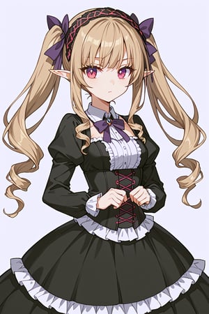 score_9, score_8_up, score_7_up, RANCEX, 1girl, solo, light brown hair, long hair, twintails, drill hair, magenta eyes, cute, kawaii, tsurime, elf, gothic lolita, hairband, black dress, collared, purple bow, long sleeves, skirt, frills, standing, white background, simple background