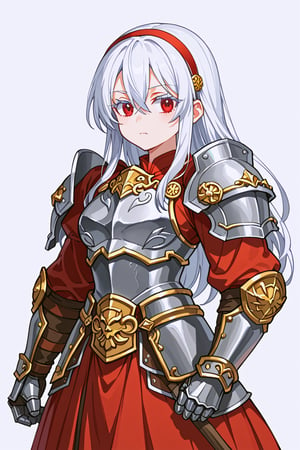 score_9, score_8_up, score_7_up, RANCEX, 1girl, solo, white hair, long_hair, red eyes, hair between eyes, white eyelashes, dwarf, cute, kawaii, red hairband, red dress, full armor, (armor:1.4), sliver armor, gauntlets, skirt, standing, white background, simple background