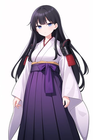 best_quality, masterpiece, 1girl, solo, (black_hair:1.1), long_hair, blue_eyes, japanese_clothes, (purple_robe:1.4), long_sleeves, wide_sleeves, shoulder_armor, samurai, hakama skirt, (black_hakama:1.3), standing, closed_mouth, white_background, (empty_background:1.2)