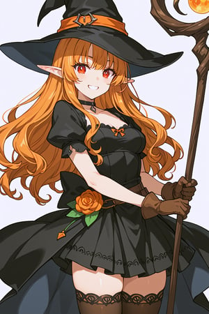 score_9, score_8_up, score_7_up, RANCEX, 1girl, solo, orange_hair, long hair, curly hair, red_eyes, elf, pointed ears, cute, kawaii, tsurime, black hat, witch, black dress, black_choker, short sleeves, puffy_short_sleeves, brown_gloves, mini_skirt, zettai_ryouiki, thighhighs, standing, smile, white background, simple background, staff, holding weapon