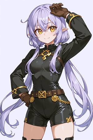 score_9, score_8_up, score_7_up, RANCEX, 1girl, solo, light violet hair, low twintails, crossed bangs, long hair, short stature, gold eyes, cute, kawaii, pointed ears, (black bodysuit, long sleeves, shorts), brown gloves, leather belt, standing, smile, closed mouth, white background, simple background