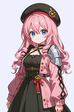 score_9, score_8_up, score_7_up, RANCEX, 1girl, solo, pink hair, long hair, drill hair, hair between eyes, blue eyes, cute, kawaii, tareme, Gnome, short stature, big round ears, black hat, beret, black_choker, black dress, pink jacket, cropped_jacket, open jacket, shoulder armor, miniskirt, standing, white background, simple background