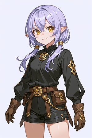 score_9, score_8_up, score_7_up, RANCEX, 1girl, solo, light violet hair, low twintails, crossed bangs, long hair, halfling, short stature, gold eyes, cute, kawaii, pointed ears, (black bodysuit, long sleeves, shorts), brown gloves, leather belt, standing, smile, closed mouth, white background, simple background