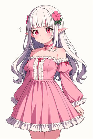 score_7_up, score_6_up, score_5_up, 1girl, solo, (white_hair:1.4), long_hair, wavy_hair, (blunt_bangs:1.3), red_eyes, elf, pointed_ears, tareme, medium_breasts, flower_hair, pink_dress, pink_choker, strapless_dress, detached_sleeves, long_sleeves, miniskirt, frills, standing, sad, closed_mouth, white_background