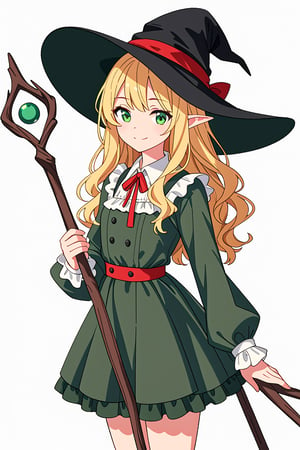 score_7_up, score_6_up, score_5_up, 1girl, solo, blonde_hair, long_hair, (wavy_hair:1.1), green_eyes, elf, witch_hat, black_hat, red_ribbon, green_dress, collared_dress, long_sleeves, white_sleeves, black_frills, mini_skirt, standing, smile, closed_mouth, white_background, staff, holding_weapon