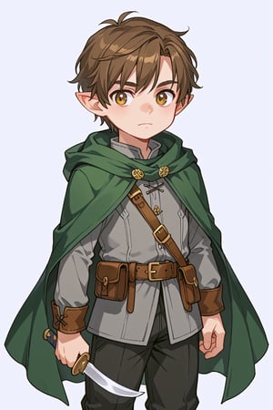 score_9, score_8_up, score_7_up, RANCEX, 1boy, solo, brown hair, short hair, silver_eyes, cute, kawaii, pointed ears, halfling, short stature, child, gray clothes, green cape, long sleeves, leather belt, black pants, long pants, standing, closed mouth, simple background, white background, knife, holding weapon