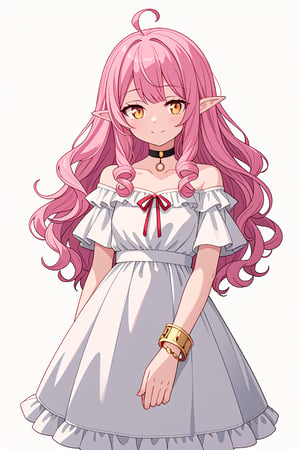 score_7_up, score_6_up, score_5_up, 1girl, solo, pink_hair, very_long_hair, curly_hair, gold_eyes, ahoge, elf, pointed_ears, black_choker, white_dress, off_shoulder, sliver_bracelet, miniskirt, red_ribbon, frills, standing, smile, (white_background:1.4)