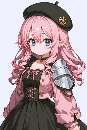 score_9, score_8_up, score_7_up, RANCEX, 1girl, solo, pink hair, long hair, drill hair, hair between eyes, blue eyes, cute, kawaii, tareme, Gnome, short stature, big round ears, black hat, beret, black_choker, black dress, pink jacket, cropped_jacket, open jacket, shoulder armor, miniskirt, standing, white background, simple background