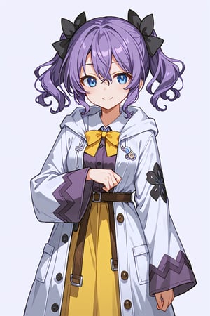 score_9, score_8_up, score_7_up, RANCEX, 1girl, solo, purple hair, short twintails, wavy hair, hair between eyes, blue eyes, cute, kawaii, (black bow, hair bow), (white coat, open coat, robe, hoodie, long sleeves, wide sleeves), (purple clothes), miniskirt, yellow skirt, sorcerer, standing, smile, fantasy, white background, simple background