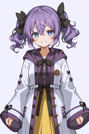 score_9, score_8_up, score_7_up, RANCEX, 1girl, solo, purple hair, short twintails, wavy hair, hair between eyes, blue eyes, cute, kawaii, (black bow, hair bow), (white coat, open coat, robe, hoodie, long sleeves, wide sleeves), (purple clothes), miniskirt, yellow skirt, sorcerer, standing, smile, fantasy, white background, simple background