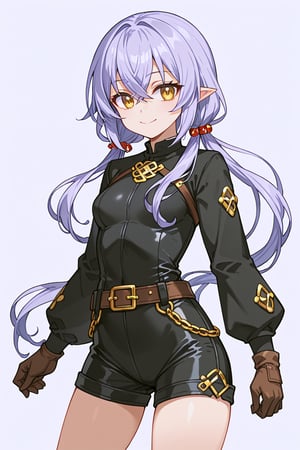 score_9, score_8_up, score_7_up, RANCEX, 1girl, solo, light violet hair, low twintails, crossed bangs, long hair, short stature, gold eyes, cute, kawaii, pointed ears, (black bodysuit, long sleeves, shorts), brown gloves, leather belt, standing, smile, closed mouth, white background, simple background