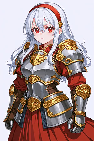 score_9, score_8_up, score_7_up, RANCEX, 1girl, solo, white hair, long_hair, red eyes, hair between eyes, white eyelashes, dwarf, cute, kawaii, red hairband, red dress, full armor, (armor:1.4), sliver armor, gauntlets, skirt, standing, white background, simple background