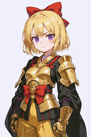 score_9, score_8_up, score_7_up, RANCEX, 1girl, solo, blonde hair, short hair, purple eyes, cute, kawaii, tsundere, jitome, cute, kawaii, red bow, hair bow, japanese clothes, black kimono, samurai_armor, gold armor, gauntlets, yellow hakama, standing, closed mouth, white background, simple background