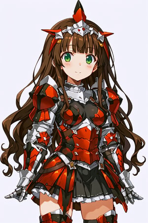 score_9, score_8_up, score_7_up, RANCEX, 1girl, solo, brown hair, very long hair, wavy hair, blunt bangs, green eyes, cute, kawaii, (tareme:1.4), (helmet:0.7), black clothes, rathalos armor, red armor, gauntlets, mini_skirt, standing, white background, simple background, perfect hands