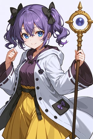 score_9, score_8_up, score_7_up, RANCEX, 1girl, solo, purple hair, short twintails, wavy hair, hair between eyes, blue eyes, cute, kawaii, (black bow, hair bow), (white coat, open coat, robe, hoodie, long sleeves, wide sleeves), (purple clothes), miniskirt, yellow skirt, sorcerer, standing, smile, fantasy, white background, simple background, holding weapon, staff