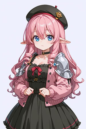 score_9, score_8_up, score_7_up, RANCEX, 1girl, solo, pink hair, long hair, drill hair, hair between eyes, blue eyes, cute, kawaii, tareme, Gnome, short stature, big round ears, black hat, beret, black_choker, black dress, pink jacket, cropped_jacket, open jacket, shoulder armor, miniskirt, standing, white background, simple background