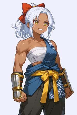 score_9, score_8_up, score_7_up, RANCEX, 1girl, solo, white hair, ponytail, bangs pinned back, forehead, yellow eyes, dwarf, cute, kawaii, tsurime, dark skin, muscle, (red_bow, hair_bow), japanese clothes \(hadanugi\), (blue robe, sleeveless), (sarashi, strapless), vambraces, martial arts belt, yellow belt, long pants, black pants, standing, smile, white background, simple background