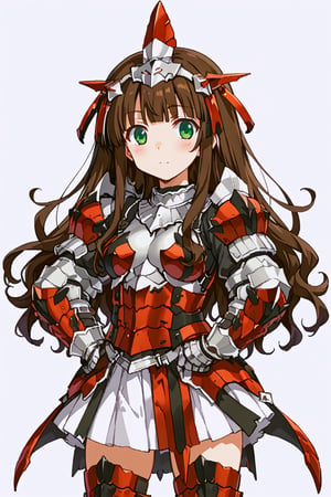 score_9, score_8_up, score_7_up, RANCEX, 1girl, solo, brown hair, very long hair, wavy hair, blunt bangs, green eyes, cute, kawaii, (tareme:1.4), (helmet:0.7), black clothes, rathalos armor, red armor, gauntlets, mini_skirt, standing, white background, simple background, perfect hands