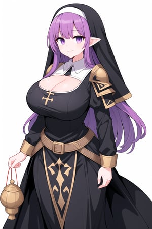 best_quality, masterpiece, 1girl, solo, huge_breasts, purple_hair, long_hair, purple_eyes, big_ears, gnome_girl, nun, black_dress, long_dress, collared_dress, cleavage, armor, breast_plate, standing, smile, closed_mouth, white_background, (empty_background:1.2)