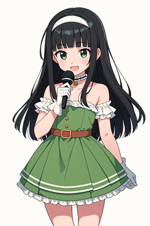 score_7_up, score_6_up, score_5_up, 1girl, solo, dwarf, dwarf_girl, (black_hair:1.4), very_long_hair, straight_hair, (blunt_bangs:1.3), green_eyes, tsurime, cute, kawaii, hairband, choker, green_dress, strapless_dress, collarbone, white_gloves, mini_skirt, frills, standing, smile, open_mouth, white_background, microphone