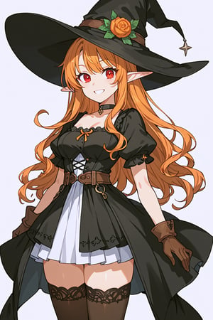 score_9, score_8_up, score_7_up, RANCEX, 1girl, solo, orange_hair, long hair, curly hair, red_eyes, elf, pointed ears, cute, kawaii, tsurime, black hat, witch, black dress, black_choker, puffy_short_sleeves, brown_gloves, mini_skirt, zettai_ryouiki, thighhighs, standing, smile, white background, simple background