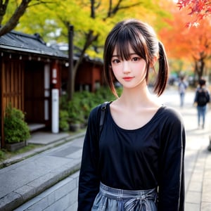 Beautiful Japanese female, 20 years old. Height 155 cm, small head, well-proportioned. Straight black hair, medium bob, elaborately drawn face, dark eyes, short eyelashes, small breasts, beautiful legs.
She stands alone in Kyoto in autumn. She has a kind face.
She is neatly dressed in casual, simply designed clothing.
Five toes. two legs. Cowboy shot, 4K high quality rendering.