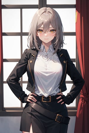 Room, Window, castle (Ultra Detailed), Masterpiece, Breasts, Best Quality, Aesthetic, Detailed, Solo, Soft Smile, Light Smile, 1 Girl, (deep yellow eyes), (long hair), (grey hair), Bangs , sensual, huge breasts, shaped chest, 1 girl, different poses, blush, hair between eyes, (perfect hands), (perfect fingers), (free pose), ((arms on hip)), ((hands on hip)), (slender), Upper part of the body, curvy,stelle hsr, black jacket, black skirt, jacket, long sleeves, open jacket, belt, shirt, skirt, little gloves