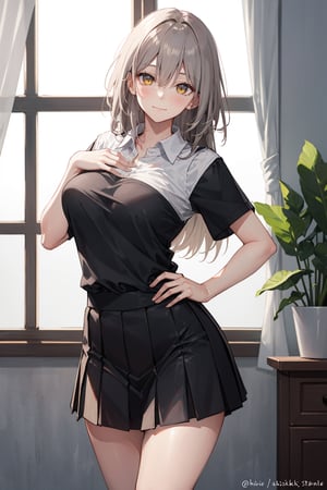 Room, Window, castle (Ultra Detailed), Masterpiece, Breasts, Best Quality, Aesthetic, Detailed, Solo, Soft Smile, Light Smile, 1 Girl, (deep yellow eyes), (long hair), (grey hair), Bangs , sensual, huge breasts, shaped chest, 1 girl, different poses, blush, hair between eyes, (perfect hands), (perfect fingers), (free pose), (arm on hip), (hand on chest), hand on chest, (slender), Upper part of the body, curvy, (Stelle), miniskirt, black skirt, skirt, short sleeves, shirt, school uniform, pleated skirt, black tie, white shirt, stelle hsr