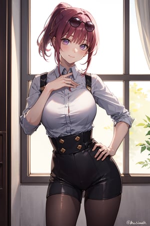 Room, Window, castle (Ultra Detailed), Masterpiece, Breasts, Best Quality, Aesthetic, Detailed, Solo, Soft Smile, Light Smile, 1 Girl, pink eyes, (short hair), (purple hair), Bangs , sensual, huge breasts), shaped chest, 1 girl, different poses, blush,(perfect hands), (perfect fingers), (free pose), arms on hip, hands on hip, slender, kafka, ponytail,kafka,sunglasses, high-waist shorts, collared shirt, shirt, pantyhose