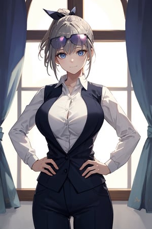 Room, Window, castle,(Ultra Detailed), Masterpiece, Breasts, Best Quality, Aesthetic, Detailed, Solo, Soft Smile, Light Smile, 1 Girl, (Deep blue eyes), (long hair), (grey hair) , sensual, huge breasts, shaped chest, 1 girl, different poses, (eyelashes), (slender), (perfect hands, perfect fingers), ponytail, (sunglasses on The head), silver Wolf),silver_wolf, (front stop), hands on hip, hands on hip, hair ribbon, drill hair, (perfect anatomy of hands and fingers), shirt, long sleeves, hairclip, grey vest, cowboy shot, white shirt, closed vest, dress shirt,collared shirt, clásic vest
