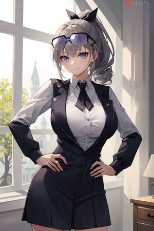 Room, Window, castle,(Ultra Detailed), Masterpiece, Breasts, Best Quality, Aesthetic, Detailed, Solo, Soft Smile, Light Smile, 1 Girl, (Deep blue eyes), (long hair), (grey hair) , sensual, huge breasts, shaped chest, 1 girl, different poses, (eyelashes), (slender), (perfect hands, perfect fingers), ponytail, (sunglasses on The head), silver Wolf),silver_wolf, (front stop), hands on hip, hands on hip, hair ribbon, drill hair, (perfect anatomy of hands and fingers), shirt, long sleeves, hairclip, grey vest, cowboy shot, white shirt, closed vest, dress shirt,collared shirt, clásic vest