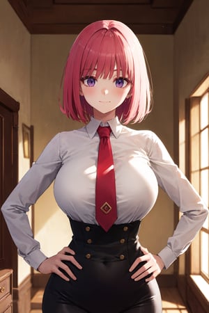 Room, Window, castle, (Ultra Detailed), Masterpiece, Breasts, Best Quality, Aesthetic, Detailed, Solo, Soft Smile, Light Smile, 1 Girl, Deep purple eyes, short hair, (pink hair), sensual, huge breasts, shaped chest, 1 girl, different poses, blush, perfect fingers, (curvy), wide hips, perfect anatomy of hands and fingers, (front stop), eyelashes, (hands on hip), front stop, free poses, shirt, collared shirt, white collar, black shirt, tie, red tie