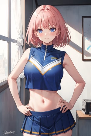 Room, Window, castle (Ultra Detailed), Masterpiece, Breasts, Best Quality, Aesthetic, Detailed, Solo, Soft Smile, Light Smile, 1 Girl, Deep blue eyes, (short hair), (pink hair), Bangs , sensual, huge breasts, shaped chest, 1 girl, different poses, blush, (perfect hands), (perfect fingers), (free pose), (arm on hip), (hand on hip), hand on chest, (slender), march_7th_starrail, Upper part of the body, cropped shirt, crop top, blue shirt, midriff, black panties, pom pom (cheerleading), skirt, sleeveless shirt)