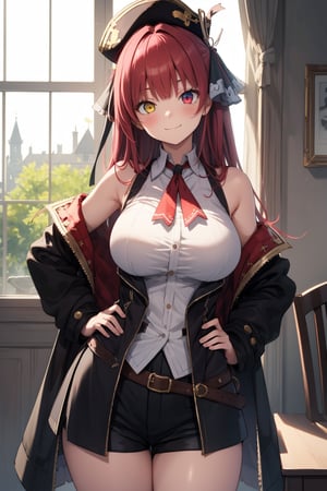 Room, window, castle, (ultra detailed), masterpiece, breasts, best quality, aesthetics, detailed, alone, soft smile, light smile, 1 girl, red and yellow eyes, (long hair), (red hair), sensual, ((huge breasts), formed chest, 1girl, (different poses), (blush),  Hair intakes, curvy, Slender, anime, girl, sexy, cute, (upper torso), Slender fingers, perfect anatomy, extremely detailed, (perfect hands, perfect anatomy), twin_tails, marinesecond, (Houshou Marine), Ribbon red, (heterochromia), red eyes, yellow eyes, twintails, long hair, hair ribbon, observed from the front, (hands on hip), marine_pirate, hair ribbon, red ascot, red skirt, belt, shorts , sleeveless, black coat, pirate hat, (black skirt), skirt