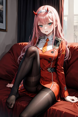 masterpiece, best quality, highres, aazero2, long hair, horns, hairband, military uniform, orange necktie, red dress, long sleeves, black pantyhose, cowboy shot, nsfw, hentai, sexy, naked, only feet, naked feet