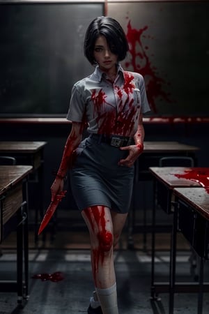 A cinematic horror scene, professional photography a beautiful , black hair, sm4c3w3k, wearing short sleeve shirt and pencil skirt, white fabric, grey fabric, short hair with asymmetric bangs, belt, pocket, ((thigh-high white socks)), black shoes,highly detailed, bokeh, 8k, highly detailed,1girl, intricate shadow, volumetric lighting, classroom, photorealistic,realistic, cinematic light,  (blood_red:1.5), girl holding a knife and a cellphone, horror (theme), night day