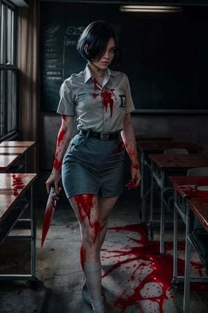 A cinematic horror scene, professional photography a beautiful girl holding a knife and a cellphone, black hair, sm4c3w3k, wearing short sleeve shirt and pencil skirt, white fabric, grey fabric, short hair with asymmetric bangs, belt, pocket, ((thigh-high white socks)), black shoes,highly detailed, bokeh, 8k, highly detailed,1girl, intricate shadow, volumetric lighting, classroom, photorealistic,realistic, cinematic light, CarnageStyle, (blood_red:1.5)
